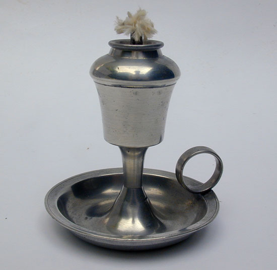 A Small Antique Unmarked American Pewter Saucer Base Fluid Lamp