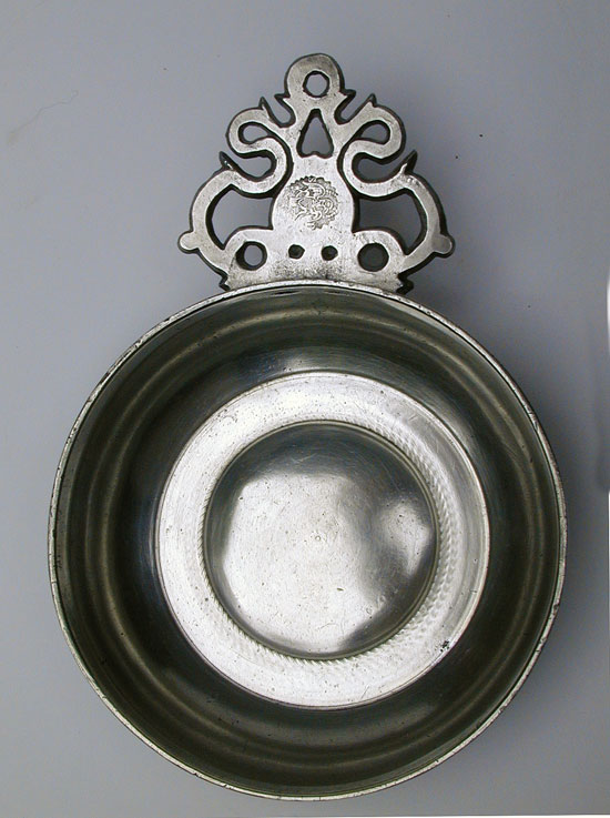 A Large Old English Handle Pewter Porringer by Samuel Danforth