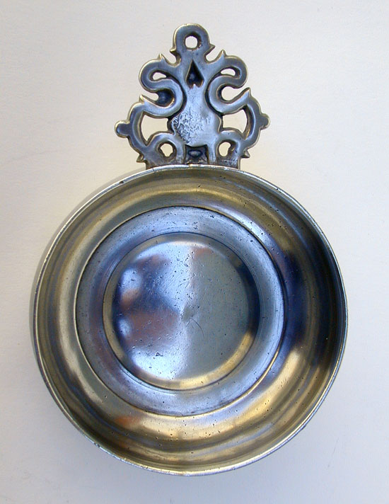 An Antique American Old English Handle Pewter Porringer by Samuel Danforth