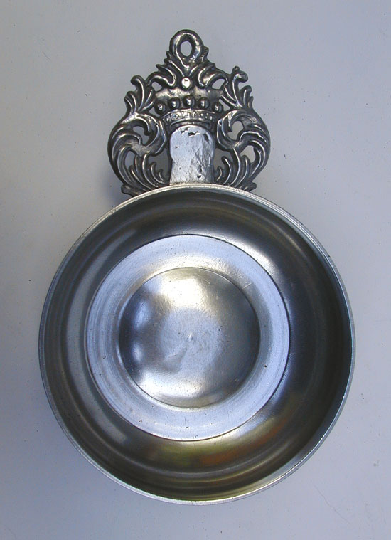 A Near Mint Antique American Unmarked Boardman Pewter Crown Handle Porringer