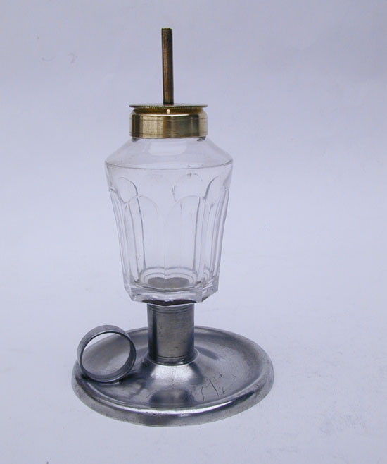 An Unmarked Smith & Co. Pewter Glass and Brass Chamber Lamp 