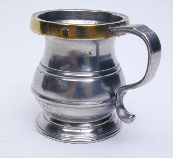 A Brass Rimmed English Domestic Pewter Gill Measure