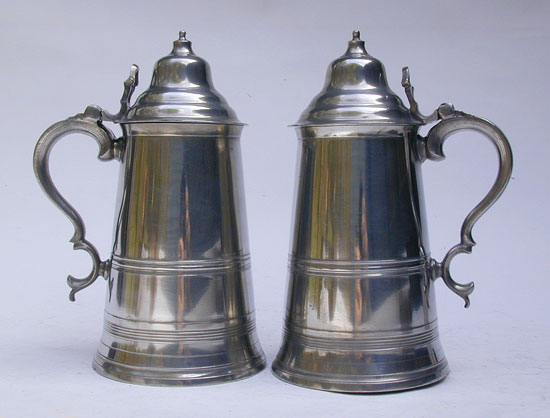 A Very Fine Pair of English Export Pewter Flagons by Robert Bush.